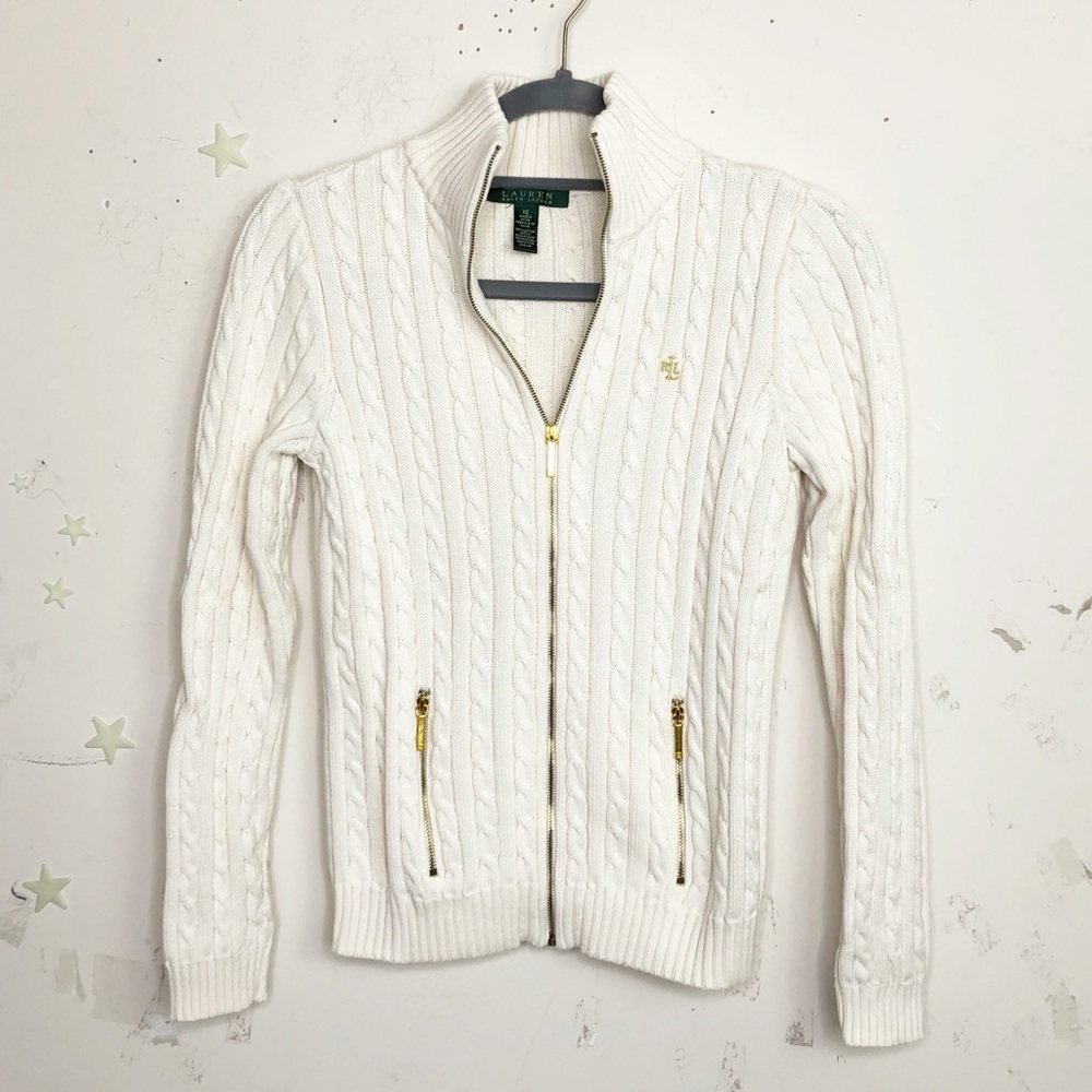 Ralph Lauren beige cableknit zip up cardigan